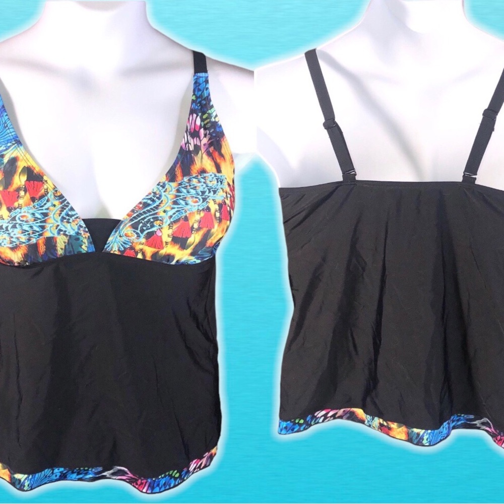 Butterfly Leopard Lace Tassle Bead Printed Tankini TOP ONLY Plus Size 2X XXL